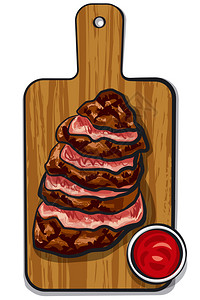 牛肉烧烤木板上烤焦切片牛排插画