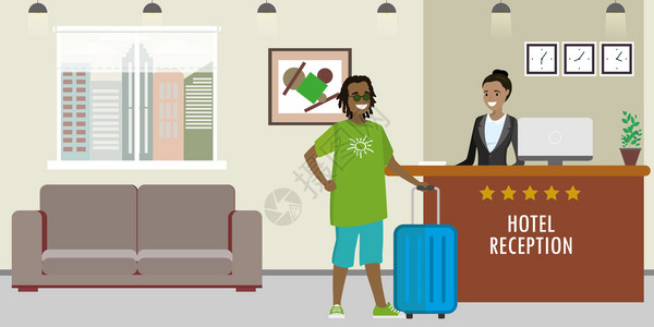 酒店招待非洲青年女接待员招待游客酒店预订概念图插画