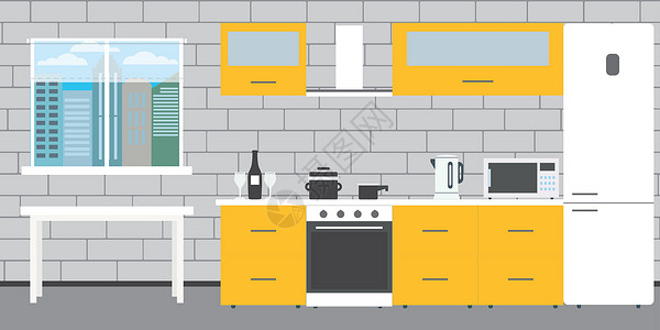 厨房矢量图砖墙背景窗台和桌边的时厨房内部平面矢量图砖墙背景的时厨房内部背景