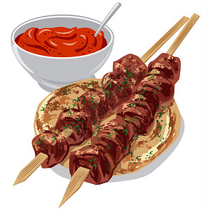 烤羊肉串插图烤肉串加番茄酱的皮塔面包和番茄酱插画