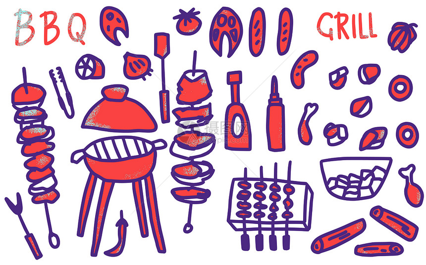 用文字收集烧烤材料bq套装手绘字母烹饪符号夏季户外烹饪元素矢量颜色插图图片