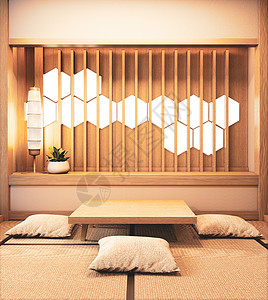 墙壁上带有六角灯光和塔米垫底有六角光的ryokan房间图片