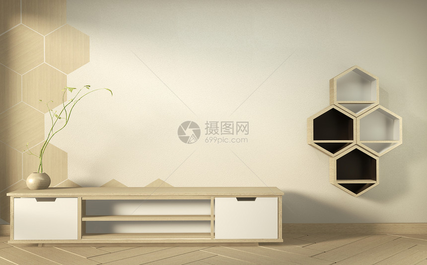 现代空房间的TV柜子日式最小设计3D图片