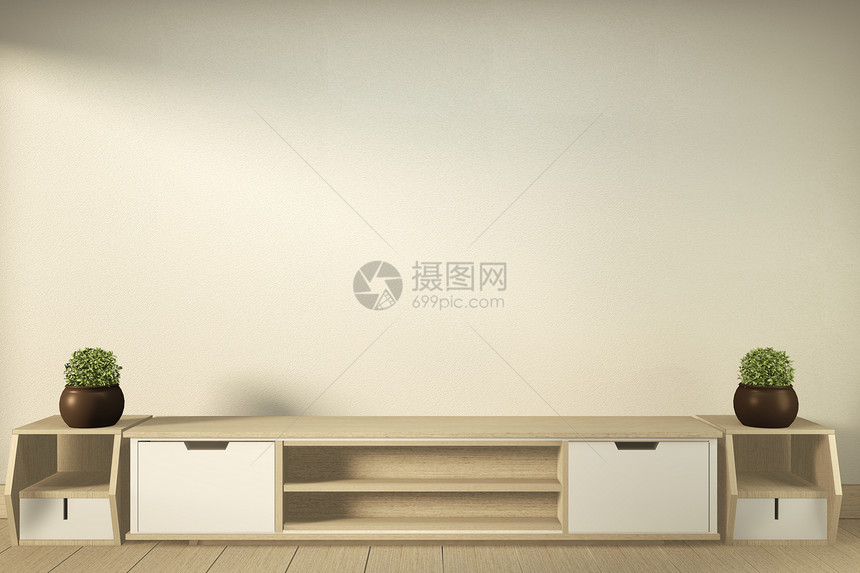 现代空房间的TV柜子日式最小设计3D图片