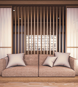 沙发木制日本人设计在房的木制地板和装饰灯植物图片