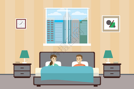 人坐在床上人们躺在床上causin夫妇在卧室家庭内与具气压设计卡通矢量插图插画