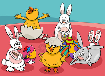 漫画插图有趣的东边小兔子和鸡带有彩蛋的人物图片