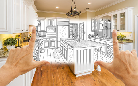 女用手设计定制的厨房图纸和平方相片组合背景图片