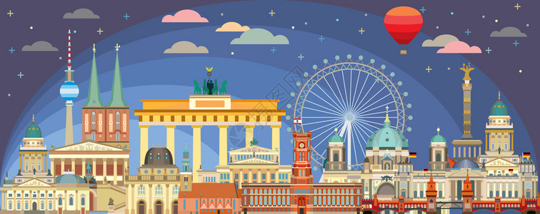 柏林国际电影节Berlin水平多彩旅行插图其建筑地标在暮光时间前视图旅行概念的全景平板插图stock插图插画