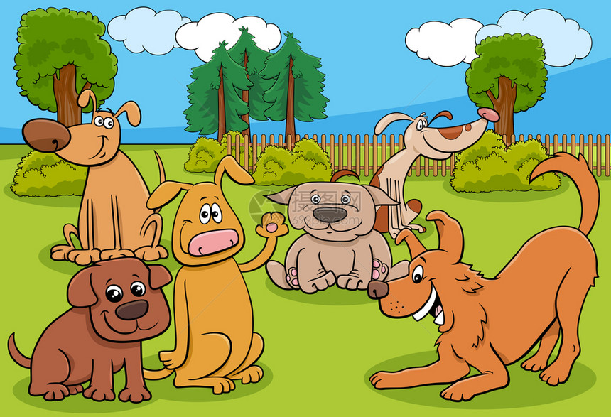 公园中玩耍的可爱小狗卡通矢量插画图片