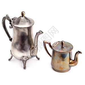 古老的咖啡壶和茶孤立于白色背景图片