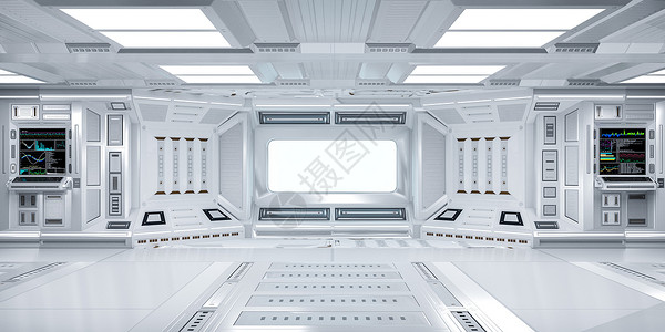 具有未来主义风格的科幻风格门厅内饰墙壁上有电脑和显示器屏幕3d渲染图片