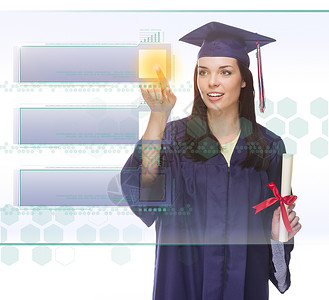 年轻女毕业生在半透明面板上按空白钮准备自行复印图片