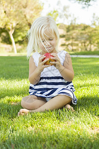 可爱的小女孩坐在草地上吃苹果图片