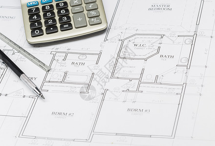 铅笔标尺和计算器都靠定制的室内计划图片