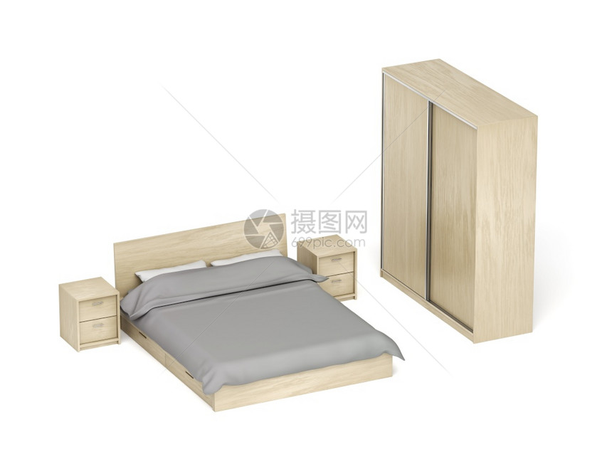 白色背景的卧室用木制家具床头柜和滑动衣图片