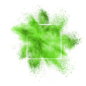 白色背景的平方框中绿色粉尘或末爆炸复制空间白色背景的框中绿色粉尘爆炸图片