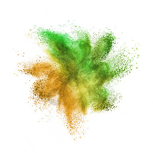彩色粉末飞溅彩色粉末爆炸或以黄色和绿的颜喷洒在白背景上并有复制空间创造彩色粉末或灰尘爆炸在白色背景上name背景