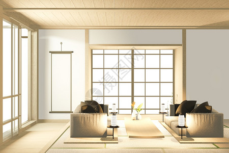带有沙发的日本式客厅沙发热带内室设计3D背景图片