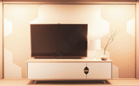 墙上的六边形砖木制柜子和电视上准备在黑屏编辑的六边图纸3D背景图片