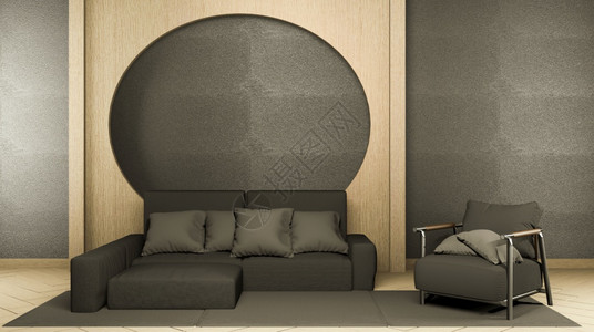 内部装饰黑色沙发和混凝土室的装饰日本风格图片