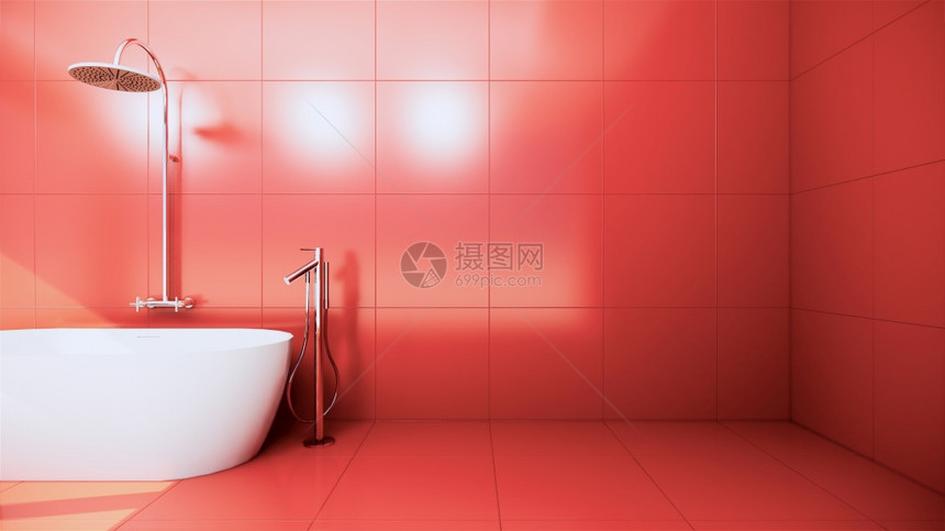 红色设计洗浴室瓷砖墙壁和地板日本风格3D图片
