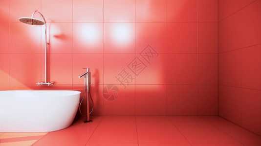 红色设计洗浴室瓷砖墙壁和地板日本风格3D背景图片