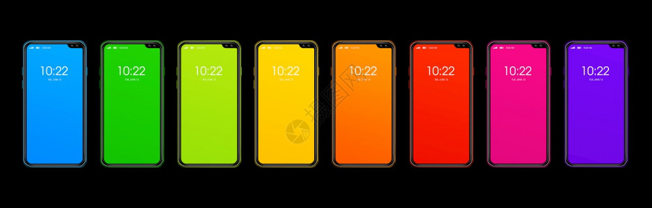 彩虹多智能手机设置横幅孤立在黑色背景上3d变色彩虹多智能手机设置横幅孤立在黑色变背景图片