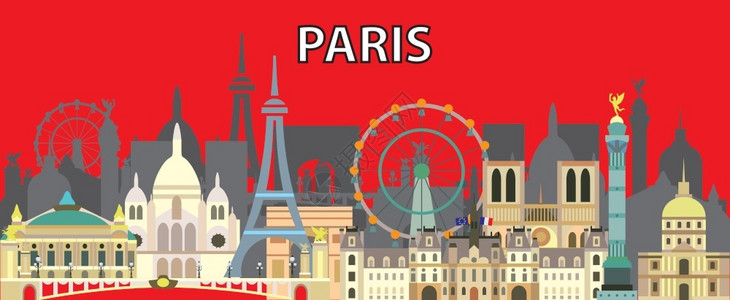 彩色的星际旅行图设计带有孤立的法国星际地标前视法国旅游和行矢量背景的印刷品t恤衫纪念品全球旅行概念背景图片