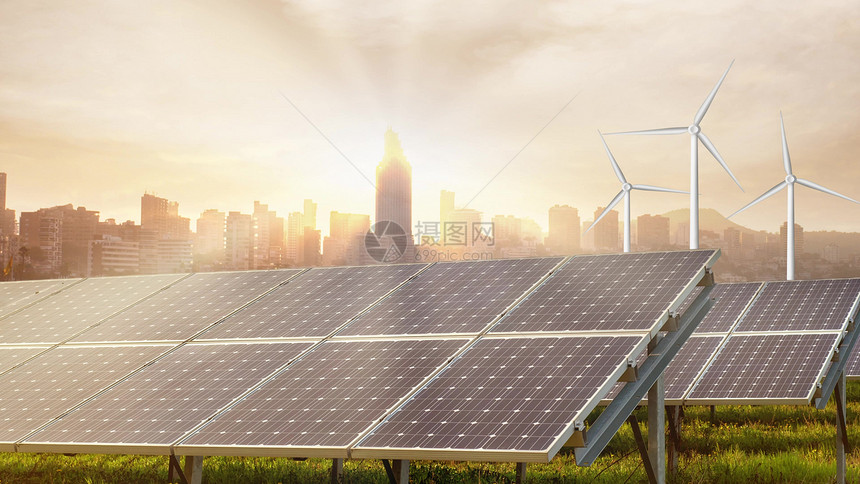 4kuhd视频3840216p城市景观太阳能电池板和风力涡轮机作为城镇的能源资图片