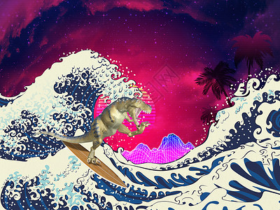 卡通冲浪海洋浪棕榈树月亮山和冲浪3d暴龙雷克斯回溯式图解背景