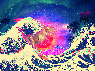 卡通冲浪海洋浪棕榈树月亮山和冲浪3d暴龙雷克斯回溯式图解背景