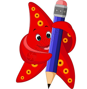 一支红色铅笔带铅笔的快乐海星鱼插画