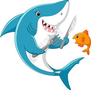 卡通长尾鲨准备吃小鱼的可爱鲨漫画插画