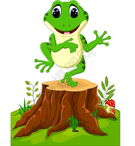 在树桩上跳舞的卡通有趣青蛙故事高清图片素材