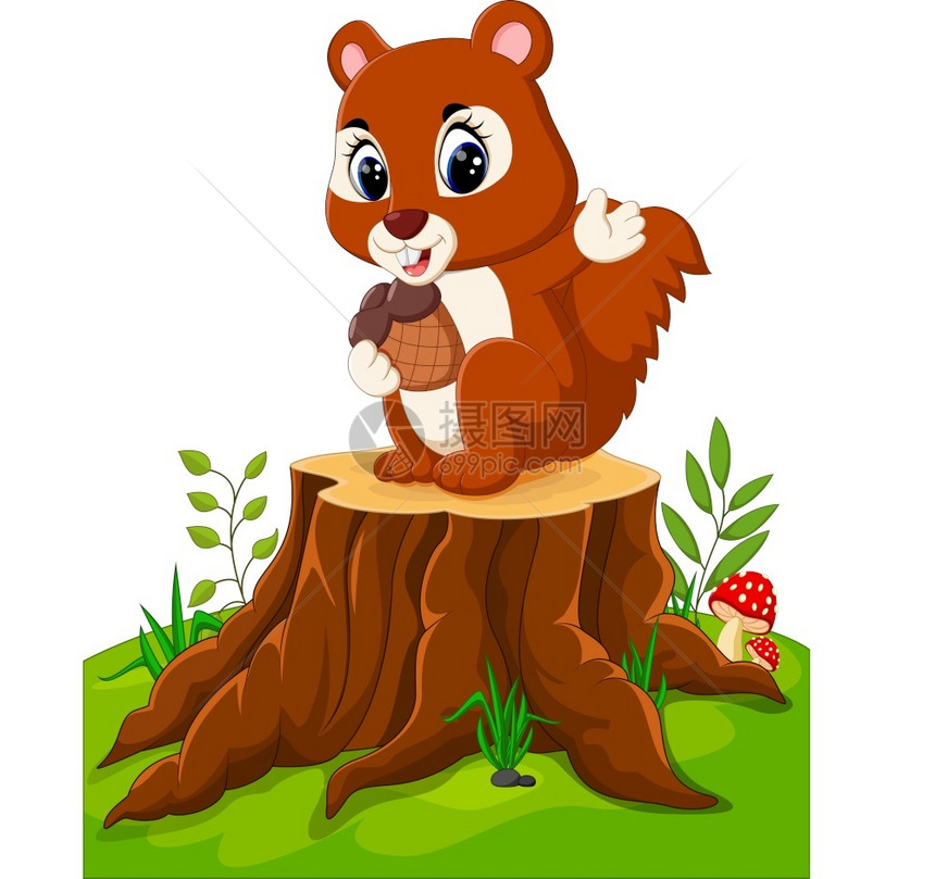 卡通滑稽松鼠在树桩上抓松果图片