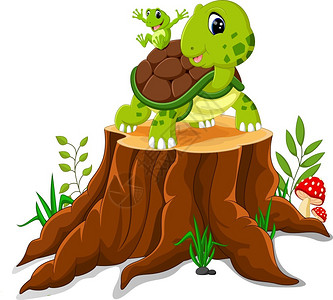 卡通海龟和青蛙在树桩上 背景图片