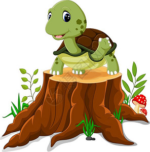 卡通海龟在树桩上 背景图片