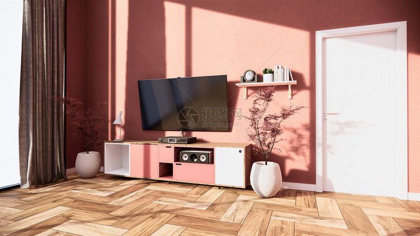 tv柜子和展示粉红色沙仓客厅内部的日本供编辑3D图片