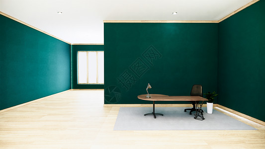 室内空绿色会议室里面有白色墙壁背景的木地板空房间内部办公事务室3D背景图片