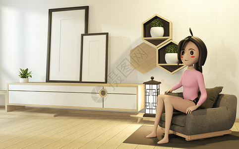 沙发扶手椅上的卡通女孩室内日本风格图片