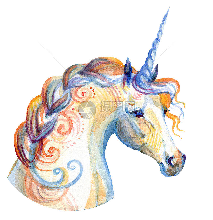装饰独角兽外观水彩色插图孤立在白色背景上用于贺卡印刷设计图片