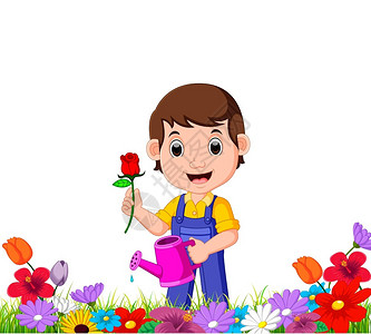 在花园中为花朵浇水的小男孩卡通矢量插画图片