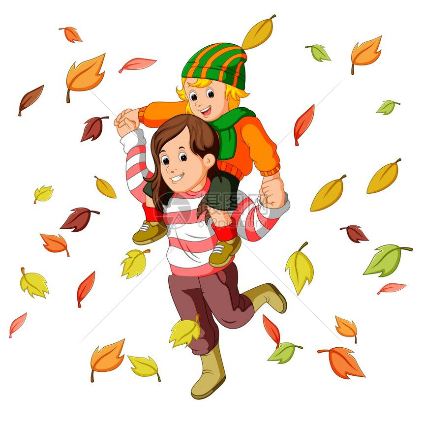秋天快乐的家庭在一起玩叶子图片