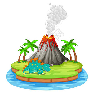 恐龙和火山爆发插图图片