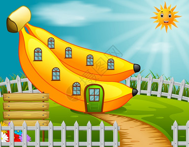 花园中的香蕉屋子卡通矢量插画图片