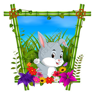 竹框中可爱的兔子矢量卡通场景图片