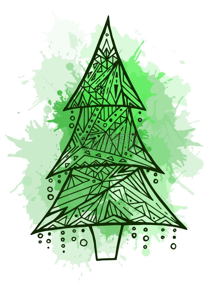 带有boh模式和水彩花的圣诞树轮廓图示您设计的矢量图示和明信片的矢量图示模式和w的圣诞树轮廓图示图片