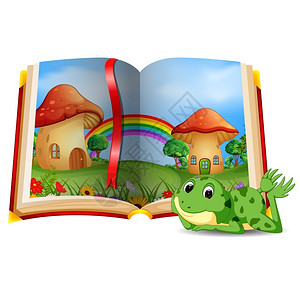 青蛙和绘有森林蘑菇树屋的书本卡通矢量插画图片