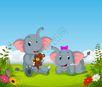 两头大象在院子里玩耍跳跃的高清图片素材